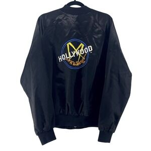VTG Streetwear Bomber Jacket Retro Black Satin 90s Varsity Embroidered Hollywood